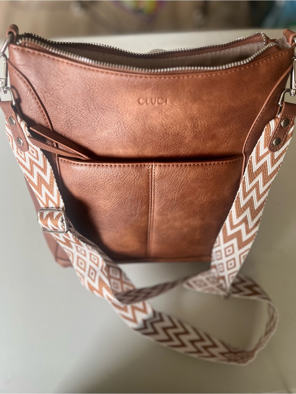 CLUCI  vegan Leather  Tan Crossbody Bag with Patterned Strap